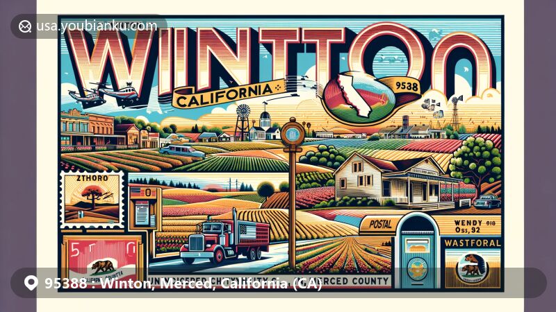 Modern illustration of Winton, California, 95388, showcasing diverse community spirit with Hispanic influence and postal elements, including vintage-style postcard with ZIP code, postal truck, mailbox, and California state flag.