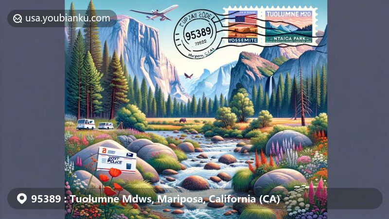 Modern illustration of Tuolumne Mdws, Mariposa, California, showcasing postal theme with ZIP code 95389, featuring Tuolumne Meadows in Yosemite National Park, Lembert Dome, Cathedral Peak, Tuolumne River, lush meadows, local flora, wildlife, and recreational activities.