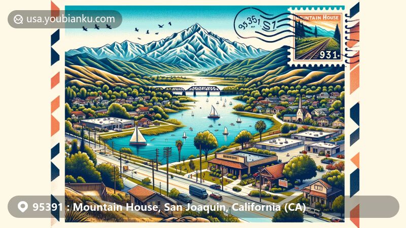 Modern illustration of Mountain House, San Joaquin County, California, highlighting ZIP code 95391 and showcasing the community's geography in the Diablo Range foothills, featuring landscapes, hiking, and community spirit.