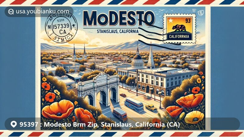 Modern illustration of Modesto, Stanislaus County, California, featuring air mail envelope theme with ZIP code 95397, showcasing Modesto Arch, McHenry Mansion, California poppies, and state flag.
