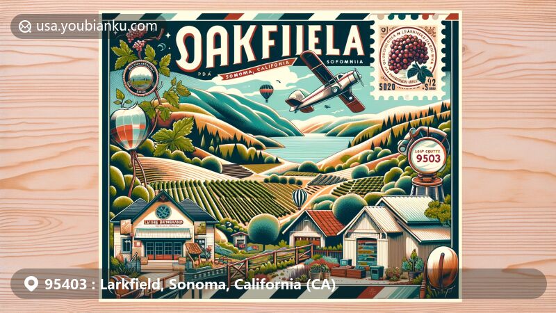 Modern illustration of Larkfield area in Sonoma County, California, depicting Luther Burbank Arts Center, community gardens, and sustainability initiatives, featuring local symbols like vineyards, showcasing the region's commitment to arts and nature.