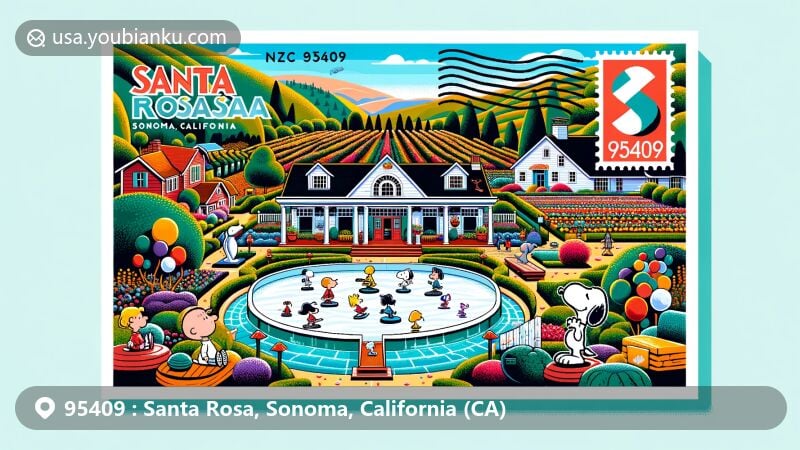 Modern illustration of Santa Rosa, Sonoma County, California, featuring a postcard theme with landmarks like Luther Burbank Home and Gardens, Snoopy's Home Ice rink, and vineyards of Sonoma's wine country.