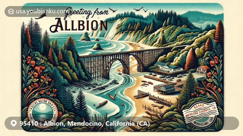 Modern illustration of Albion, Mendocino County, California, capturing essence of coastal and forest environment with focus on Albion River Bridge, the last wooden bridge on Highway 1. Surroundings feature iconic redwood and pygmy forests, Navarro Beach with driftwood-covered sands and Navarro arch, showcasing diverse landscapes from coastal headlands to dense forests, hinting at local wildlife like sea lions, harbor seals, and birds. Incorporating elements of postcards or airmail envelopes, including a stamp with ZIP code 95410, airmail border, and handwritten style text 'Greetings from Albion, Mendocino, CA'. With vibrant and captivating modern illustration style, perfect for highlighting Albion's natural beauty and postal heritage in web graphics.