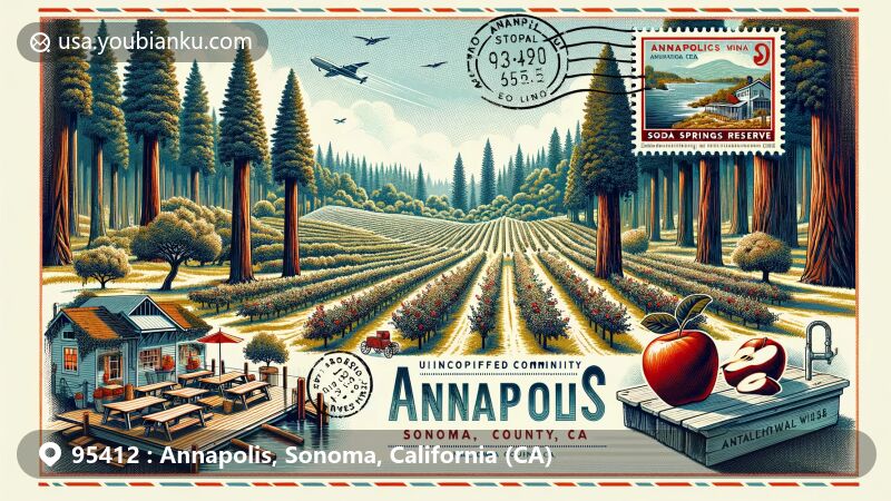 Modern illustration of Annapolis, Sonoma County, California, highlighting postal theme with ZIP code 95412, featuring Annapolis Winery, redwood forests, apple trees, and Soda Springs Reserve.