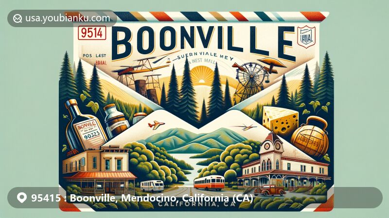 Creative illustration of Boonville, Mendocino County, California, featuring vintage airmail envelope with ZIP code 95415, showcasing landmarks and cultural symbols like Hendy Woods State Park, wine and cheese culture, Boonville Hotel, and Mendocino County Fair.