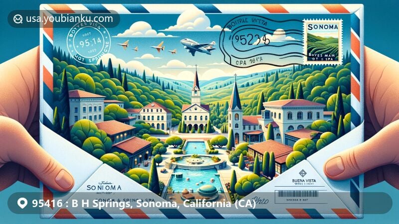 Modern illustration of Boyes Hot Springs, CA 95416, featuring Fairmont Sonoma Mission Inn & Spa stamp, Sonoma Plaza, Buena Vista Winery vineyard and wine cellar, surrounded by lush greenery and historical buildings, against a backdrop of soft blue sky and floating clouds, combining natural beauty, hot springs, wine culture, and postal elements.