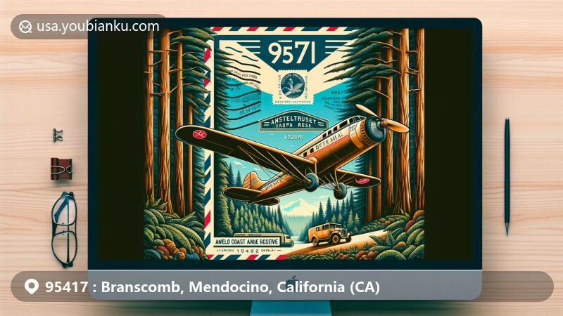 Contemporary illustration of Branscomb, Mendocino, California, showcasing air mail envelope with ZIP code 95417 amid Douglas-fir forests and redwoods, highlighting Angelo Coast Range Reserve's conservation efforts and diverse wildlife.