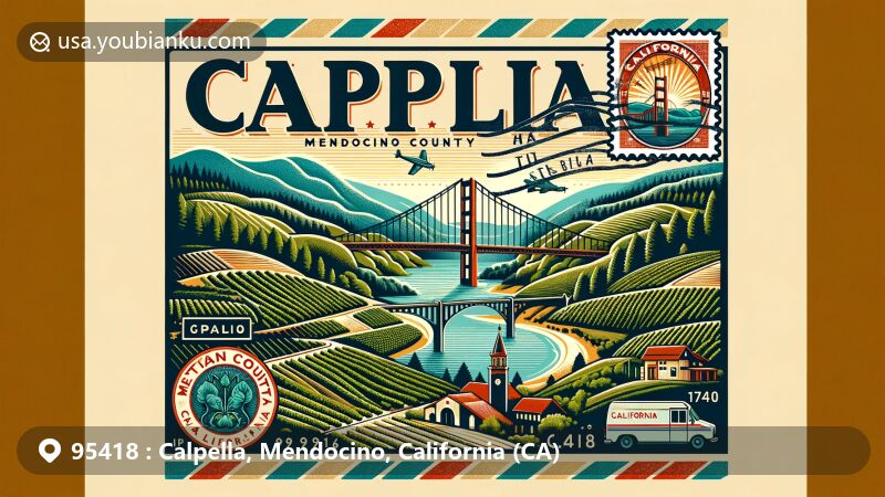 Modern illustration of Calpella, Mendocino County, California, highlighting scenic beauty, vineyards like Testa Vineyards, Russian River location, Mendocino County seal, California symbols, vintage air mail envelope with Golden Gate Bridge stamp, and ZIP code 95418.