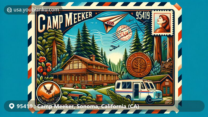 Modern illustration of Camp Meeker, Sonoma County, California, featuring iconic redwoods, Anderson Hall, and Camp Meeker Recreation and Park District symbol, along with postal elements like a vintage airmail envelope frame, redwood tree stamp, 'Camp Meeker, CA 95419' postmark, and mail truck.