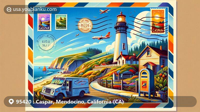 Illustration of Caspar, Mendocino County, California, featuring Point Cabrillo Light Station and Jug Handle State Natural Reserve, framed as an airmail envelope with '95420 Caspar, Mendocino, CA' postmark.