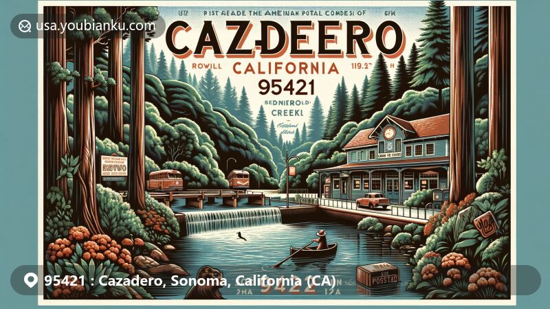 Modern illustration of Cazadero, Sonoma County, California, incorporating the postal theme of ZIP code 95421, featuring Austin Creek, redwood forests, and a vintage general store.