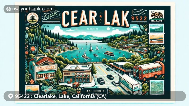 Modern illustration of Clearlake, Lake County, California, showcasing a vibrant community and natural beauty, with the lake, Main Street Bar & Grill, and a postcard featuring ZIP code 95422, California map, post office mailbox, and state symbols.