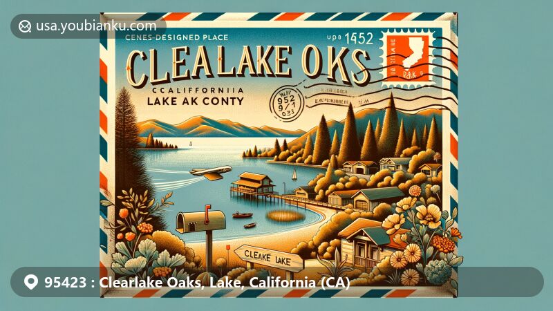 Modern illustration of Clearlake Oaks, California, showcasing postal theme with ZIP code 95423, capturing natural beauty of Clearlake Oaks with Clear Lake, local flora, and landscapes.