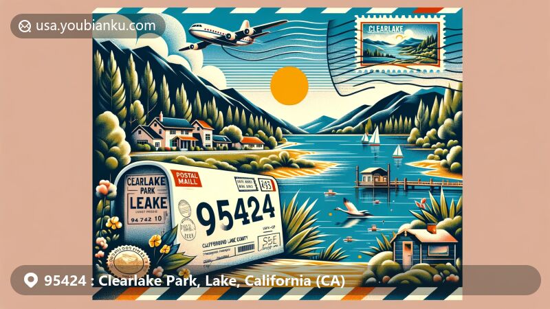 Modern illustration of Clearlake Park, California, highlighting postal theme with ZIP code 95424, featuring scenic Clear Lake, vintage air mail envelope, post stamp, postal mark, and symbols of postal services.
