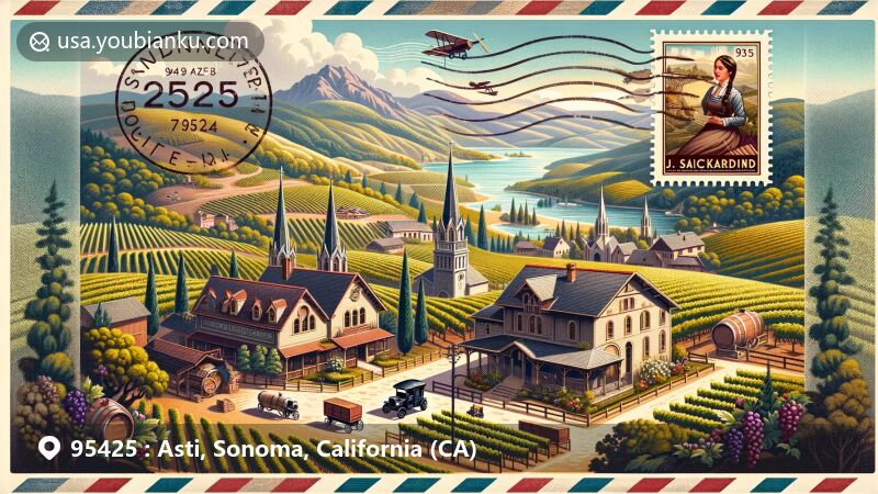 Modern illustration of Asti, Sonoma County, California, with postal theme showcasing winemaking heritage and Italian immigrant roots, featuring Asti Winery and J. Rickards Winery vineyards.