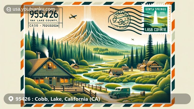 Modern illustration of Cobb, Lake County, California, featuring scenic view of Cobb Mountain and Cobb Creek, with elements of Pine Grove and Mandala Springs Wellness Retreat Center. Vintage air mail envelope with ZIP code 95426 and custom stamp depicting Cobb Mountain and Geysers Geothermal Field.