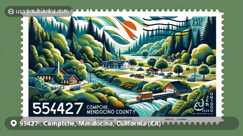 Modern illustration of Comptche, Mendocino County, California, presenting a creative postal theme with ZIP code 95427, incorporating elements of small-town charm and natural beauty, featuring lush greenery, a stylized postcard, and a postal stamp symbolizing the community's identity.