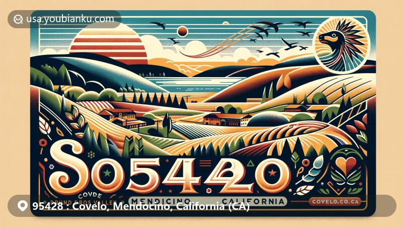 Modern illustration of Covelo, Mendocino County, California, highlighting postal theme with ZIP code 95428, featuring local geography and cultural elements like Round Valley Indian Reservation.