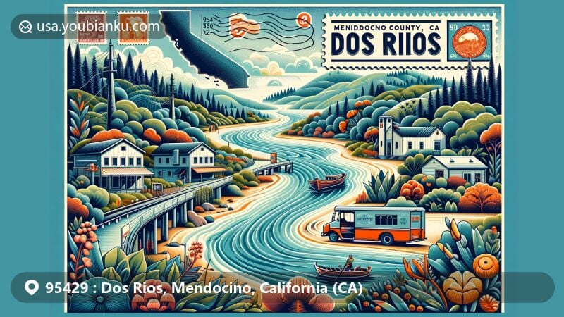 Modern illustration of Dos Rios, Mendocino County, California, capturing the essence of the area with a postcard showcasing the Eel River and Mediterranean flora, accompanied by a vintage postal truck and postal elements.