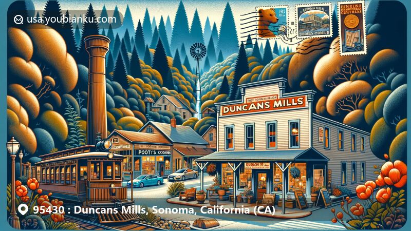 Modern illustration of Duncans Mills, Sonoma County, California, showcasing postal theme with ZIP code 95430, featuring Duncans Mills General Store, historic railway car, redwoods, antique shops, Poet’s Corner Book Shop, wooden bear statue, and postal motifs.