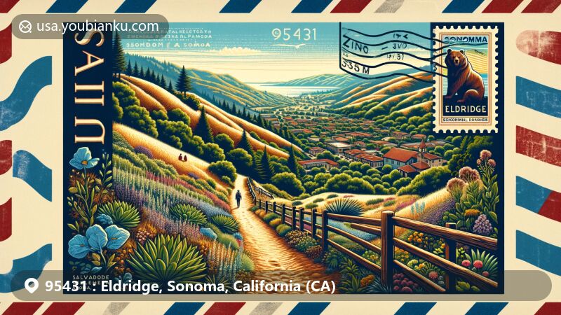 Modern illustration of the Sonoma Overlook Trail in Sonoma Valley, featuring local flora, historical landmarks like Salvadore Vallejo Adobe, and a panoramic view of the town below, all within an airmail envelope with a California bear flag postage stamp and ZIP code 95431.