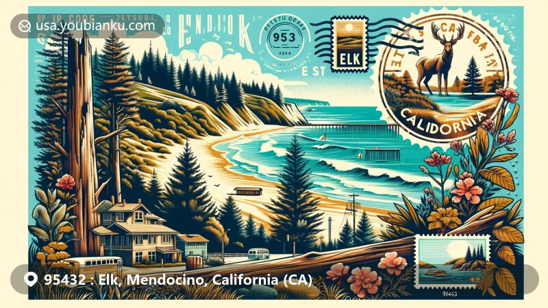 Modern illustration of Elk, Mendocino, California, showcasing postal theme with ZIP code 95432, highlighting the coastal landscape where forests meet the sea, reflecting the town's lumber history and featuring redwood trees and Greenwood State Beach.