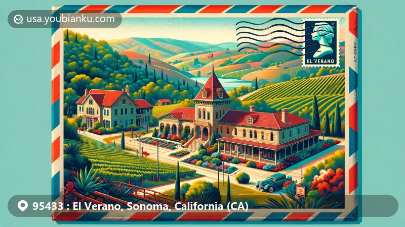 Modern illustration of El Verano, Sonoma County, California, merging postal themes with iconic landmarks like Vallejo Estate and Sonoma Valley Museum of Art, set against the backdrop of Sonoma Valley's scenic beauty, vineyards, and rolling hills.