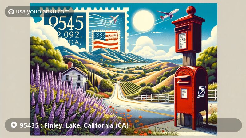 Modern illustration of Finley, Lake County, California, showcasing natural beauty and postal theme with ZIP code 95435. Includes vintage postage stamp, air mail envelope, and red mailbox, set against tranquil rural landscapes and local flora.