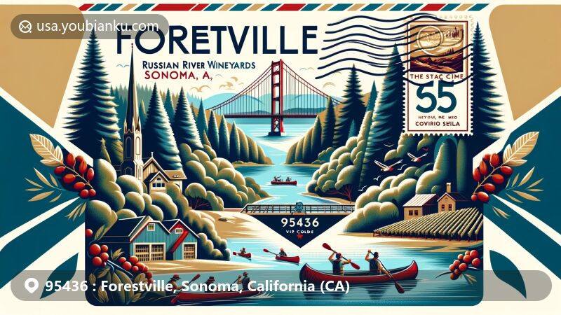 Modern illustration of Forestville, Sonoma County, California, highlighting ZIP code 95436, featuring Russian River, redwood trees, vineyards, Russian River Vineyards, Lucky Mojo Curio Co, vintage airmail envelope with Golden Gate Bridge stamp, and outdoor activities.