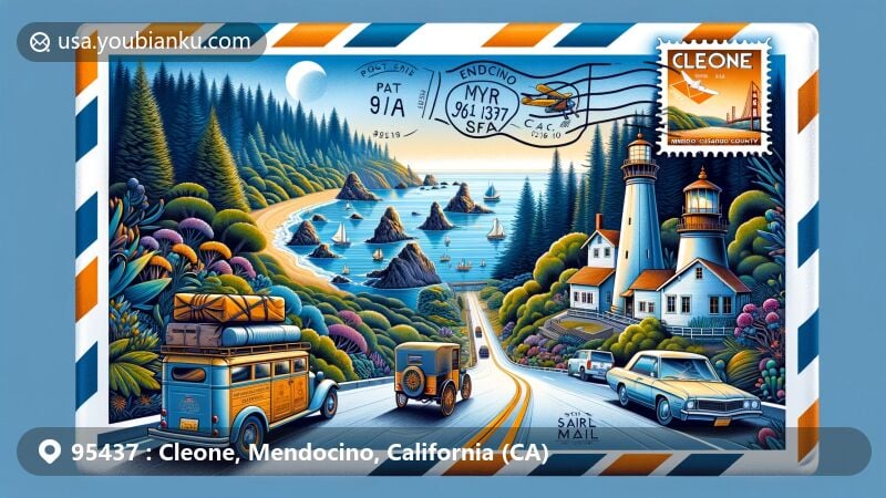 Modern illustration of Cleone, Mendocino County, California, capturing postal theme with ZIP code 95437, featuring Point Cabrillo Light Station stamp, 'Cleone, CA 95437' postmark, and scenic views of Russian Gulch State Park, Mendocino Headlands State Park, and Ford House Museum.