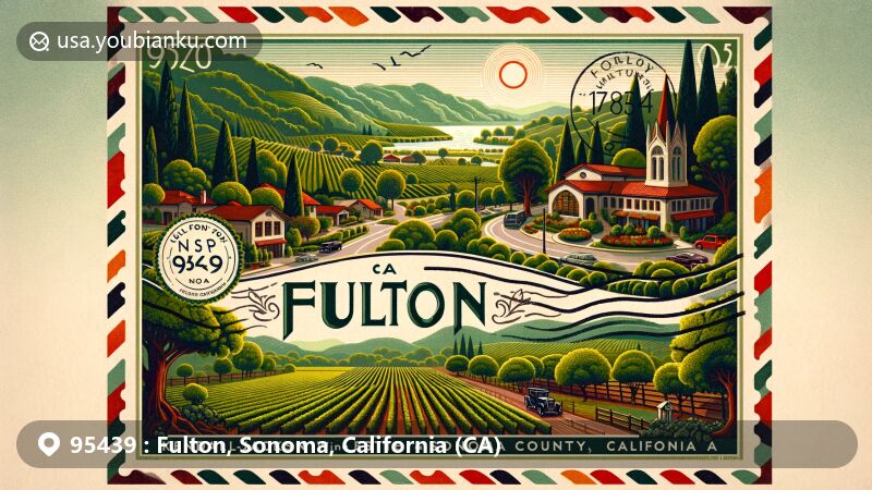 Modern illustration of Fulton, Sonoma County, California, featuring local landmarks like Kendall-Jackson Wine Estate & Gardens, Fulton Crossing Gallery, and Old World Winery against lush wine country landscapes.