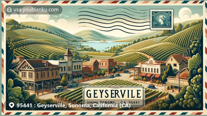 Modern illustration of Geyserville, Sonoma County, California, blending postal theme with wine country charm, showcasing Alexander Valley vineyards, Russian River, and downtown area.