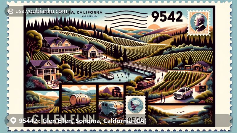 Vibrant illustration of Glen Ellen, Sonoma County, California, highlighting lush vineyards like Benziger Family Winery and Imagery Estate Winery, Sonoma Botanical Garden with Asian-California plants, and Jack London State Historic Park elements.