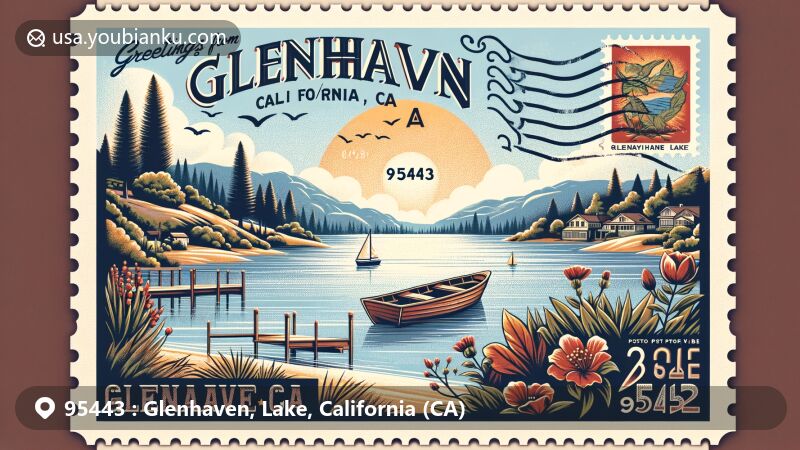 Modern illustration of Glenhaven, Lake County, California, showcasing Clear Lake, mountains, and native flora, with a vintage postcard theme featuring ZIP code 95443.