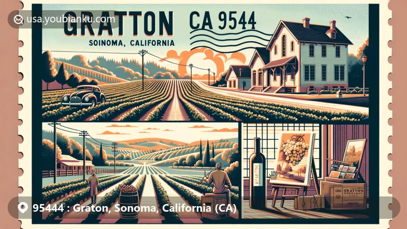 Modern illustration of Graton, Sonoma, California, showcasing the town's wine culture, rustic charm, and artistic essence, featuring vineyard landscapes, historic architecture, and art scenes.
