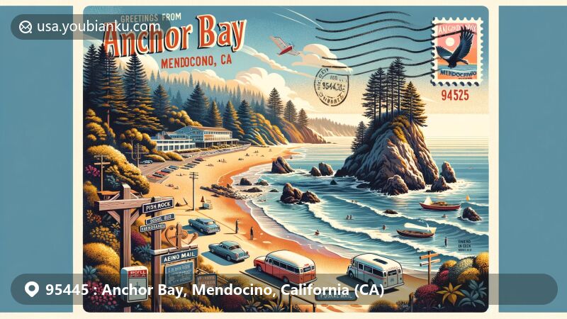 Vibrant postcard illustration of Fish Rock Beach in Anchor Bay, Mendocino, CA, surrounded by evergreen trees and a tranquil cove. Features postal theme with '95445 Anchor Bay, CA' code.