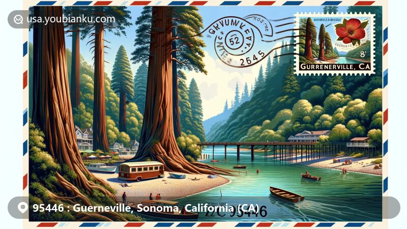 Modern illustration of Guerneville, California, showcasing natural beauty with majestic redwoods and the peaceful Russian River, featuring Johnson's Beach and vintage postcard elements, including ZIP code 95446 and Armstrong Redwood State Reserve.