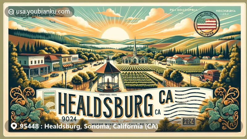 Modern illustration of Healdsburg, Sonoma, California, showcasing famous wineries like Gary Farrell Winery, Gracianna Winery, and Dry Creek Vineyard in Russian River Valley, with Healdsburg Plaza at the center and a charming gazebo symbolizing community gathering spot, under a warm sunset sky. The stylish banner at the bottom reads 'Greetings from Healdsburg, CA - Fusion of Wine Culture' with postal elements including California flag stamp, postal mark with '2024' date, and ZIP Code '95448'.