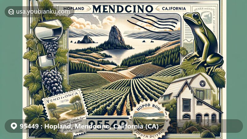 Modern illustration of Hopland, Mendocino, California, highlighting postal theme with ZIP code 95449, featuring Frog Woman Rock, grapevines, and wine bottles, showcasing the region's natural beauty, cultural landmarks, and wine industry.