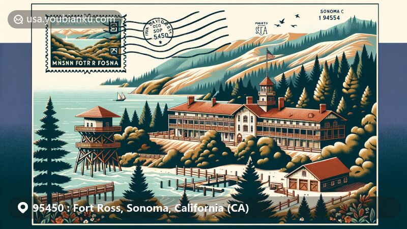 Modern illustration of Fort Ross, California, showcasing historical significance and natural beauty, featuring iconic wooden fortress, Pacific Ocean, redwoods, and Russian heritage symbols with postal elements and ZIP code 95450.