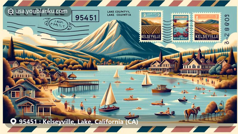 Modern illustration of Kelseyville, Lake County, California, highlighting Mount Konocti, Clear Lake activities, vineyard culture, and Ely Stage Stop, with air mail envelope design and vintage stamps showcasing local landmarks and ZIP Code 95451.