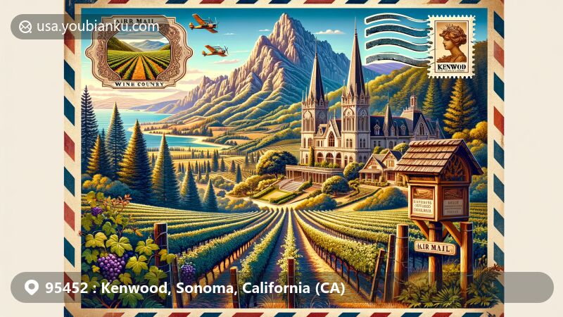 Modern illustration of Kenwood, California, a scenic town at the base of Sugarloaf Mountains, highlighting local wineries and natural wilderness.