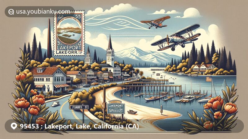 Modern illustration of Lakeport, Lake, California, highlighting historical and natural landmarks like Forbes Street and Lakeport Speedway, as well as the serene Clear Lake, with a vintage postage stamp featuring ZIP code 95453 and a postal plane in the background.