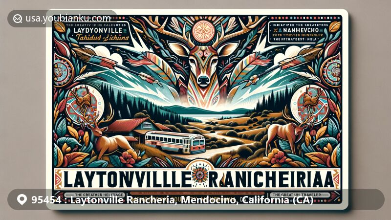 Modern illustration of Laytonville Rancheria, Mendocino, California, showcasing Cahto Tribe culture with Chénĕśh and Nághai-cho symbols, alongside natural landscapes of Mendocino County.