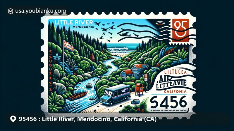 Modern illustration of Little River, Mendocino County, California, depicting creative airmail envelope design with ZIP code 95456, showcasing scenic Mendocino Coast and lush Van Damme State Park, highlighting Pygmy Forest and Fern Canyon Trail, incorporating postal elements like stamps, postmarks, mailbox, and mail van, featuring California state flag.