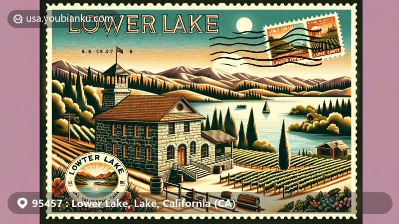 Modern illustration of Lower Lake, California, showcasing postal theme with ZIP code 95457, featuring the famous Lower Lake Stone Jail, vineyards, wine tasting elements, and Lake County's natural scenery.