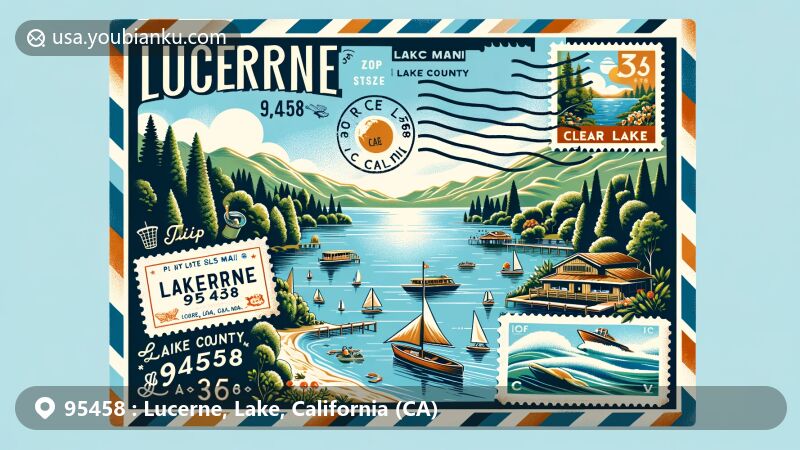 Modern illustration of Lucerne, Lake County, California, featuring Clear Lake, lush greenery, and recreational activities like boating and hiking, with a vintage air mail envelope displaying ZIP code 95458.