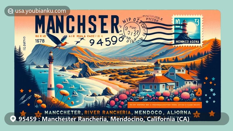Modern illustration of Manchester Rancheria, Mendocino, California, featuring coastal bluffs, ocean views, wildflowers, Garcia River Casino, Point Arena Lighthouse, and postal theme with ZIP code 95459.