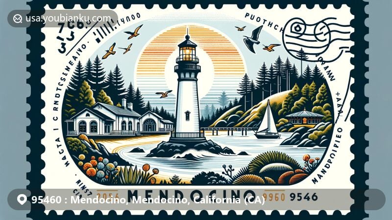 Modern illustration of Mendocino, California, capturing coastal charm and artistic heritage, featuring Point Cabrillo Lighthouse, Mendocino Art Center, Van Damme State Park, and Temple of Kwan Tai.