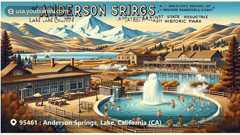 Vintage-style illustration of Anderson Springs, Lake County, California, reminiscent of a travel postcard, showcasing Mt. Konocti, hot springs, and Anderson Marsh State Historic Park.